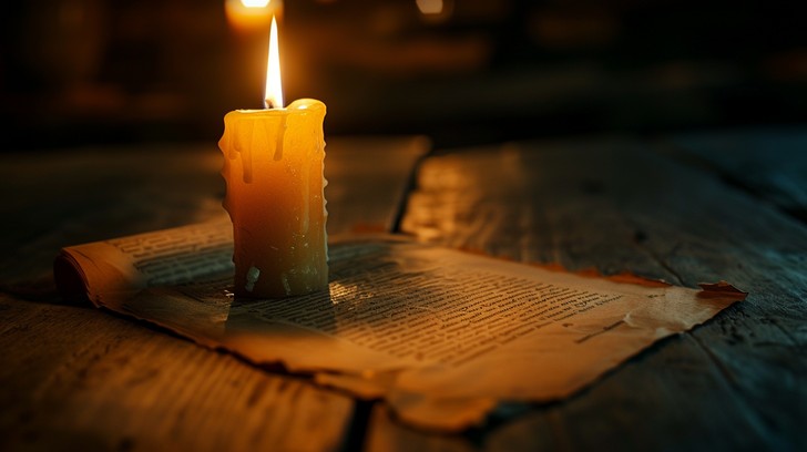 Sacred scroll with candlelight